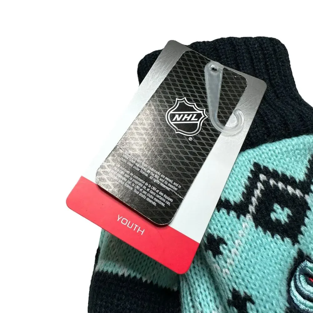 NHL SEATTLE KRAKEN Youth Mittens NWT Blue Hockey‎ Fair Isle Knit